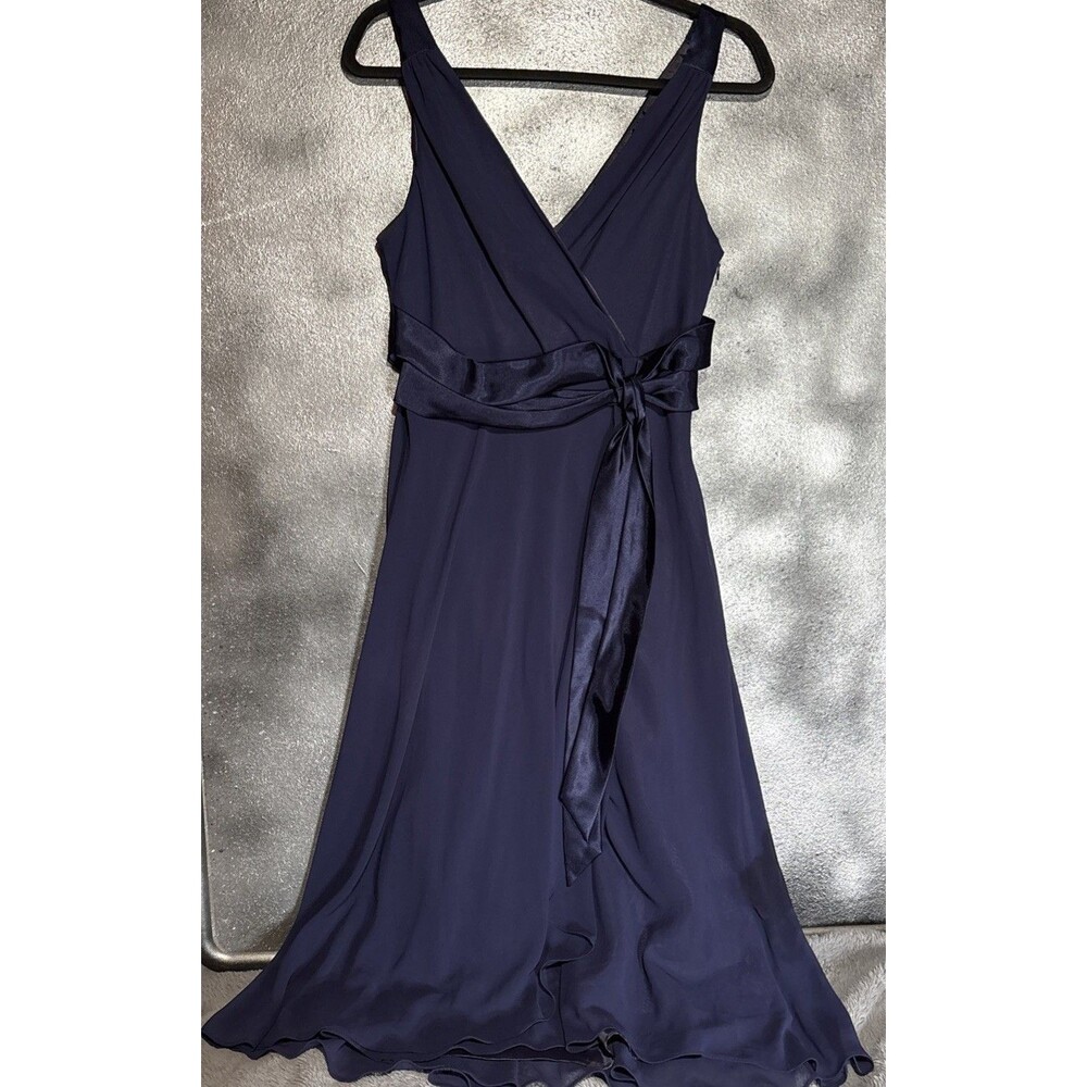 Evan Picone Dress Womens 14 Faux Wrap Navy Blue Satin Bow Sleeveless Lined